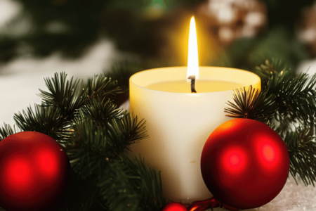 Candle and red Christmas ornaments